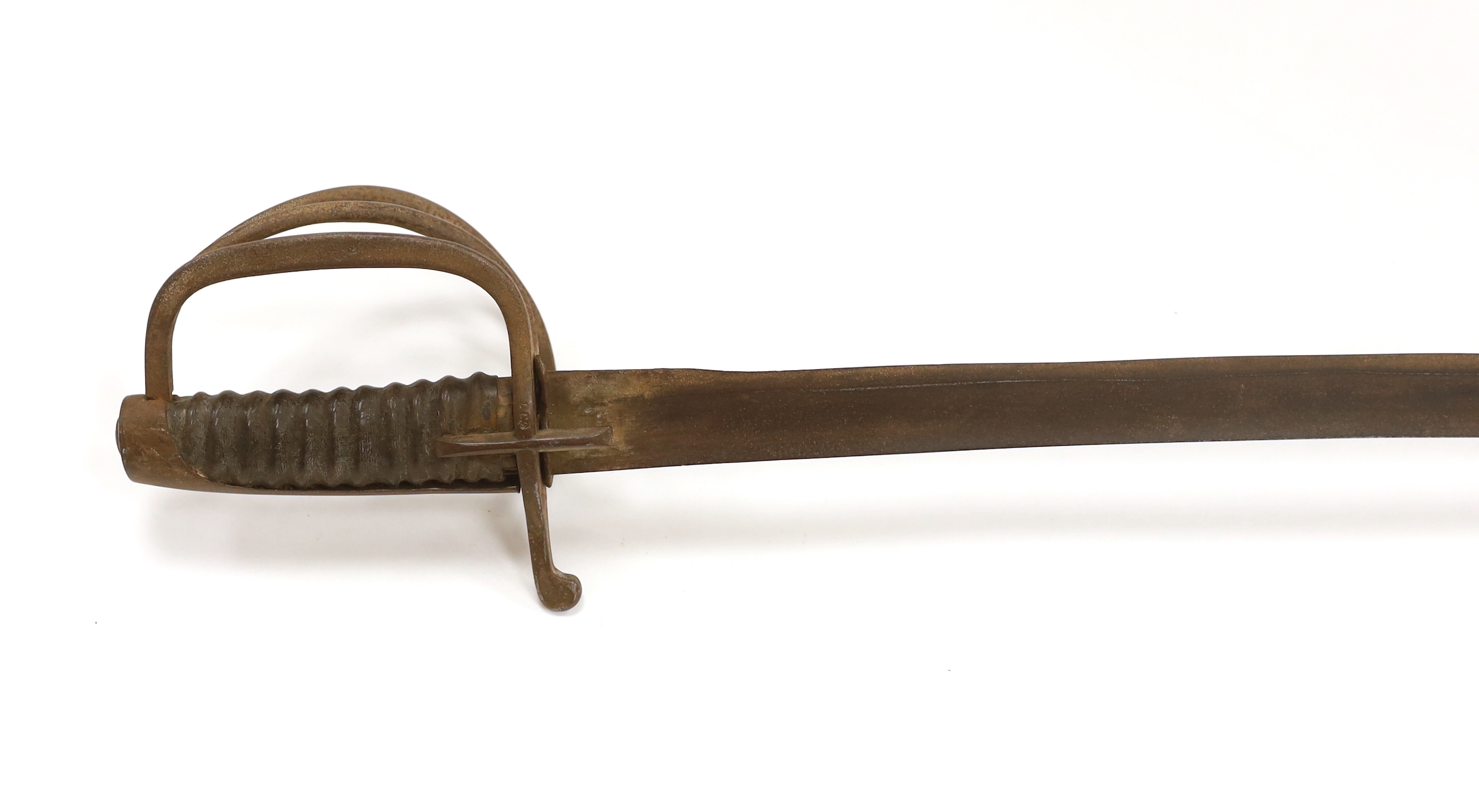 A military sabre with wrought iron guard stamped 377, blade 89cm